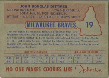 1953 Johnston Cookies Milwaukee Braves #19 Jack Dittmer Back
