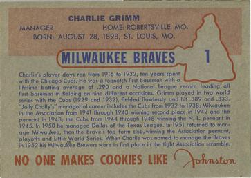 1953 Johnston Cookies Milwaukee Braves #1 Charlie Grimm Back