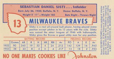 1954 Johnston Cookies Milwaukee Braves #NNO Sibby Sisti Back