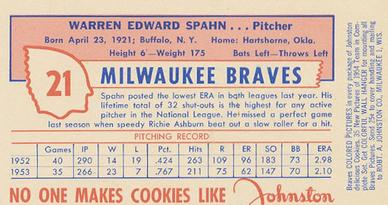 1954 Johnston Cookies Milwaukee Braves #NNO Warren Spahn Back
