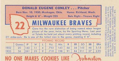 1954 Johnston Cookies Milwaukee Braves #NNO Gene Conley Back