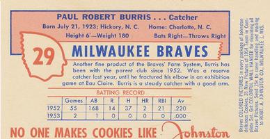 1954 Johnston Cookies Milwaukee Braves #NNO Paul Burris Back