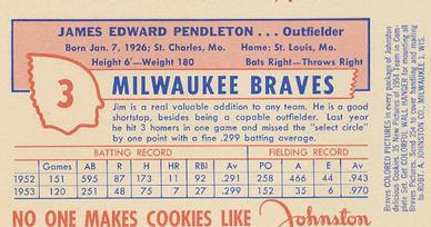 1954 Johnston Cookies Milwaukee Braves #NNO Jim Pendleton Back