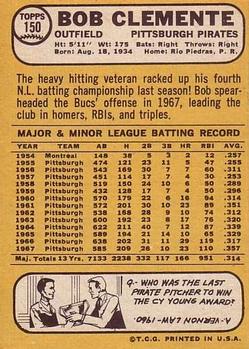 1968 Topps #150 Bob Clemente Back
