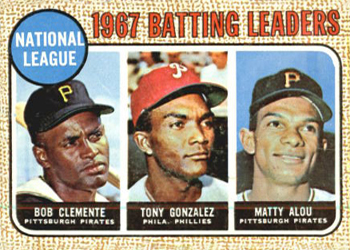 1968 Topps #1 National League 1967 Batting Leaders (Bob Clemente / Tony Gonzalez / Matty Alou) Front
