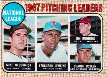 1968 Topps #9 National League 1967 Pitching Leaders (Mike McCormick / Ferguson Jenkins / Jim Bunning / Claude Osteen) Front