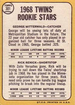 1968 Topps #301 Twins 1968 Rookie Stars (George Mitterwald / Rick Renick) Back