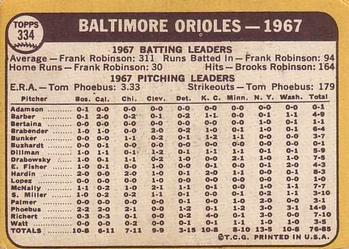 1968 Topps #334 Baltimore Orioles Back