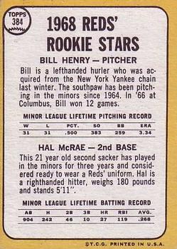 1968 Topps #384 Reds 1968 Rookie Stars (Bill Henry / Hal McRae) Back