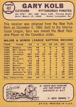 1968 Topps #407 Gary Kolb Back