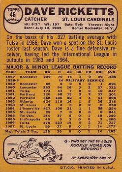 1968 Topps #46 Dave Ricketts Back