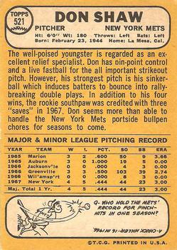 1968 Topps #521 Don Shaw Back