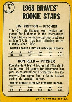 1968 Topps #76 Braves 1968 Rookie Stars (Jim Britton / Ron Reed) Back
