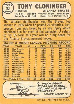 1968 Topps #93 Tony Cloninger Back