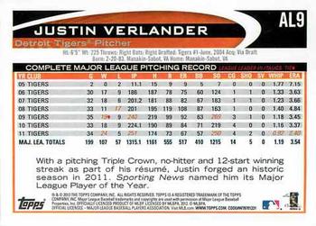 2012 Topps American League All-Stars #AL9 Justin Verlander Back