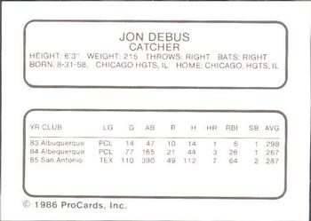 1986 ProCards Albuquerque Dukes #5 Jon Debus Back