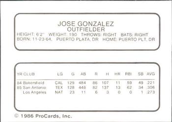 1986 ProCards Albuquerque Dukes #9 Jose Gonzalez Back