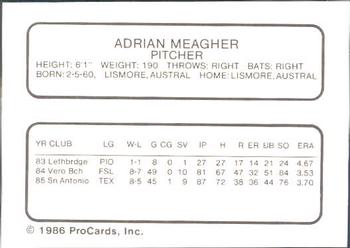 1986 ProCards Albuquerque Dukes #16 Adrian Meagher Back