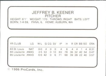 1986 ProCards Arkansas Travelers #10 Jeff Keener Back