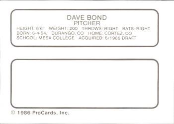 1986 ProCards Auburn Astros #4 Daven Bond Back