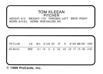 1986 ProCards Beloit Brewers #12 Tom Kleean Back