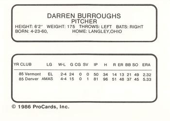 1986 ProCards Buffalo Bisons #NNO Darren Burroughs Back