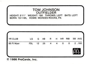 1986 ProCards Burlington Expos #12 Tom Johnson Back