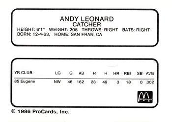1986 ProCards Burlington Expos #15 Andy Leonard Back