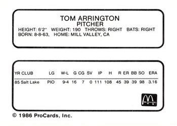 1986 ProCards Burlington Expos #1 Tom Arrington Back