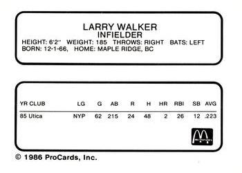 1986 ProCards Burlington Expos #25 Larry Walker Back