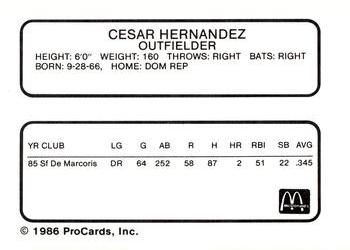 1986 ProCards Burlington Expos #8 Cesar Hernandez Back