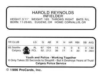 1986 ProCards Calgary Cannons #23 Harold Reynolds Back