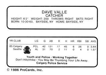 1986 ProCards Calgary Cannons #24 Dave Valle Back