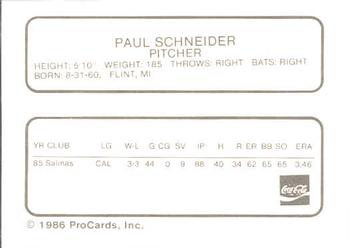 1986 ProCards Chattanooga Lookouts #22 Paul Schneider Back