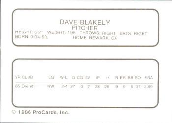 1986 ProCards Clinton Giants #NNO Dave Blakley Back