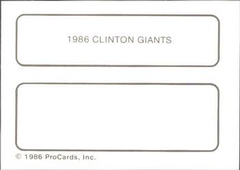 1986 ProCards Clinton Giants #NNO 1986 Clinton Giants Back