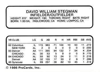 1986 ProCards Columbus Clippers #26 Dave Stegman Back