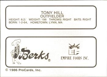 1986 ProCards Elmira Pioneers #10 Tony Hill Back