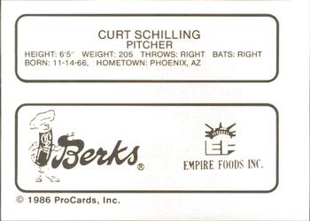 1986 ProCards Elmira Pioneers #20 Curt Schilling Back