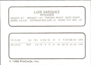 1986 ProCards Florida State League All-Stars #48 Luis Vasquez Back