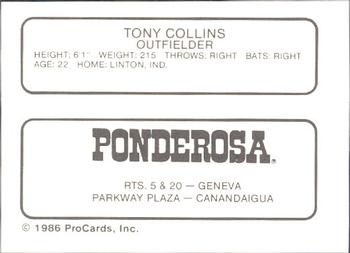 1986 ProCards Geneva Cubs #3 Tony Collins Back