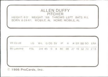 1986 ProCards Glens Falls Tigers #3 Allen Duffy Back