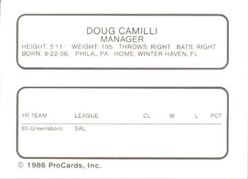 1986 ProCards Greensboro Hornets #3 Doug Camilli Back