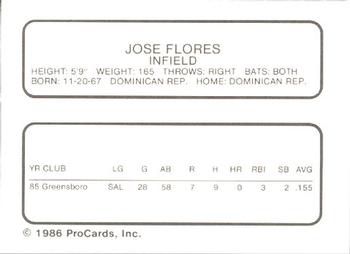 1986 ProCards Greensboro Hornets #5 Jose Flores Back