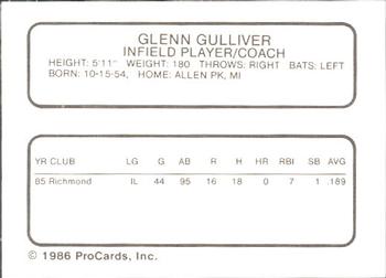 1986 ProCards Hagerstown Suns #7 Glenn Gulliver Back