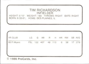 1986 ProCards Hagerstown Suns #15 Tim Richardson Back