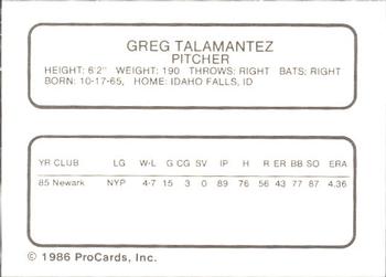 1986 ProCards Hagerstown Suns #24 Greg Talamantez Back