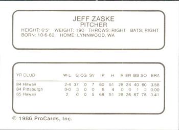 1986 ProCards Hawaii Islanders #23 Jeff Zaske Back