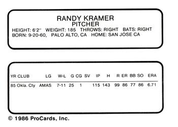 1986 ProCards Kinston Eagles #13 Randy Kramer Back