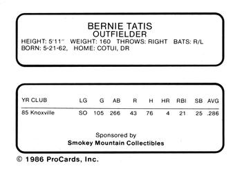 1986 ProCards Knoxville Blue Jays #NNO Bernie Tatis Back